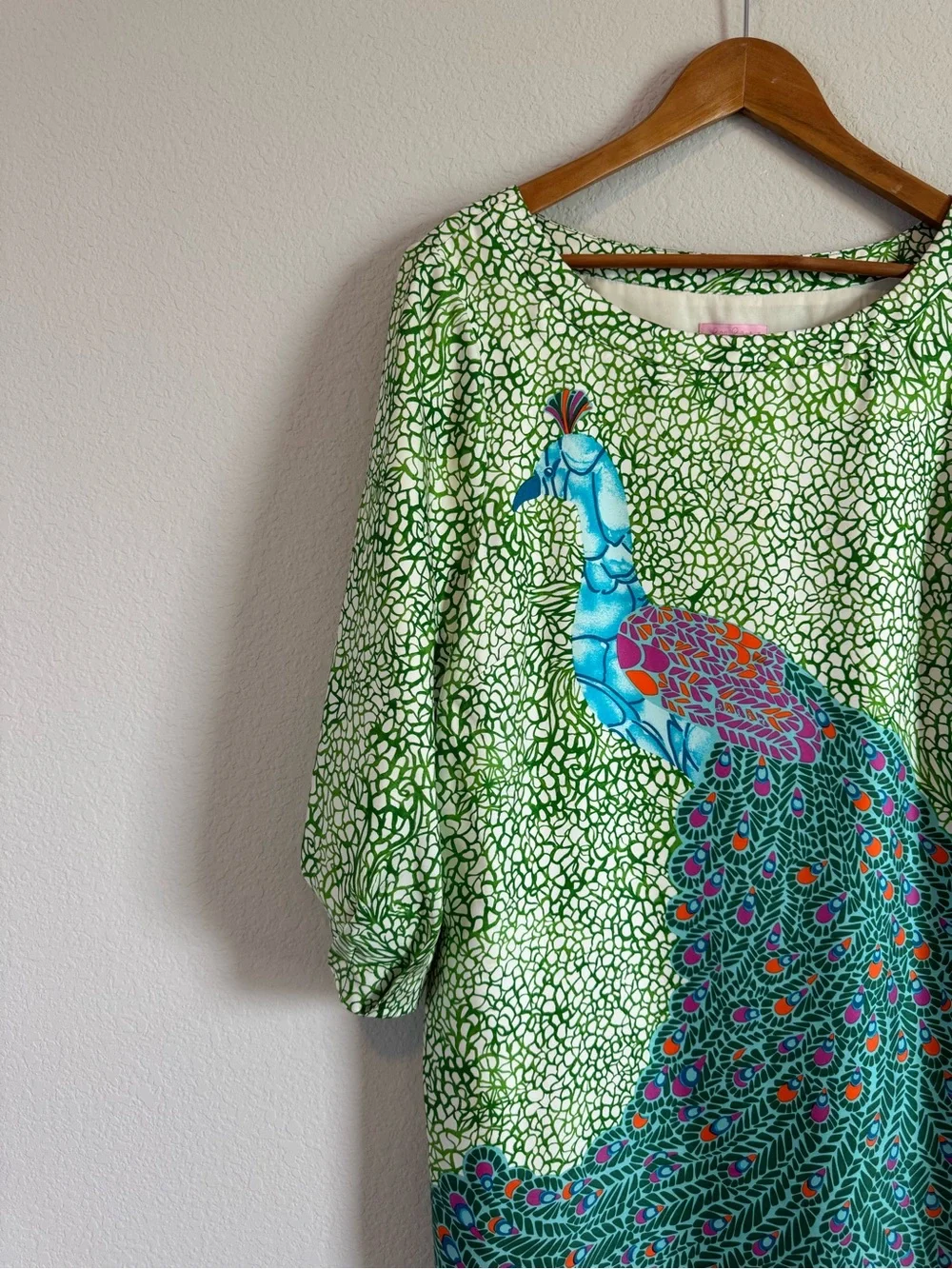 Lilly Pulitzer Women's Sandpiper Silk Peacock Bird Print Puff Sleeve Dress Sz 14 - Picture 2 of 9